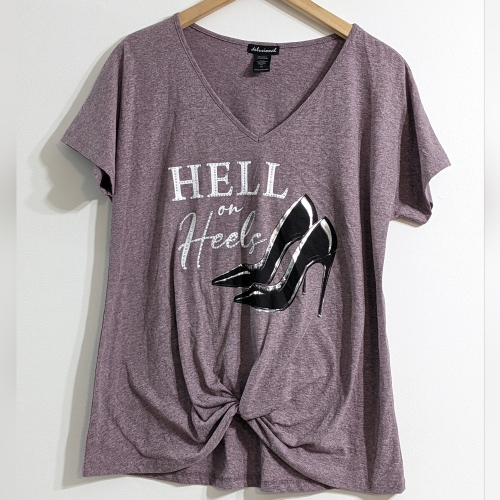 Hell On Heels Women's RhinestoneV Neck Graphic Short Sleeve Tshirt, Size Medium